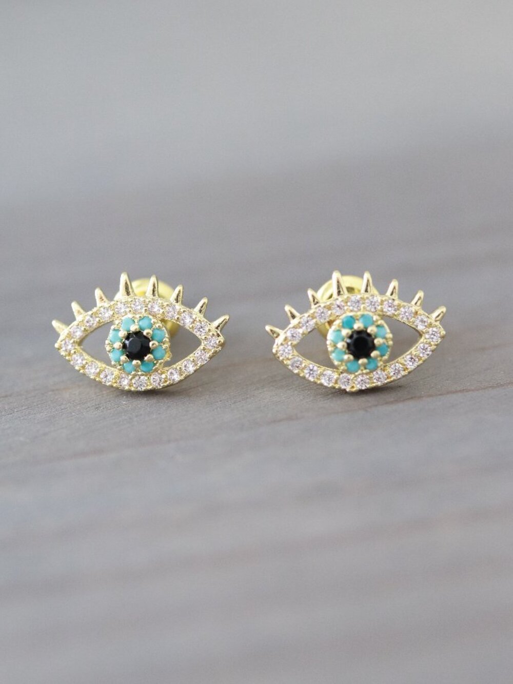 Evil Eye Blue/Turquoise Eyelash Style with CZ Diamond Stud Earrings Stainless